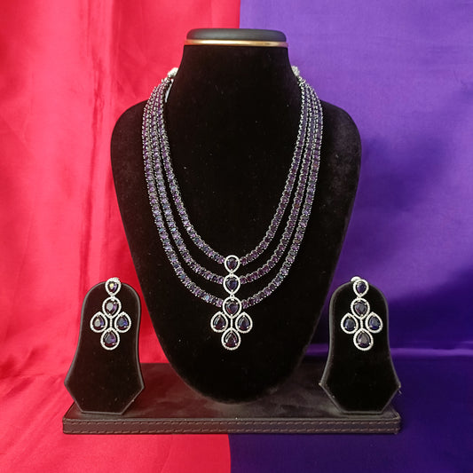 Elegant Silver Layered Long Necklace In Purple Stone