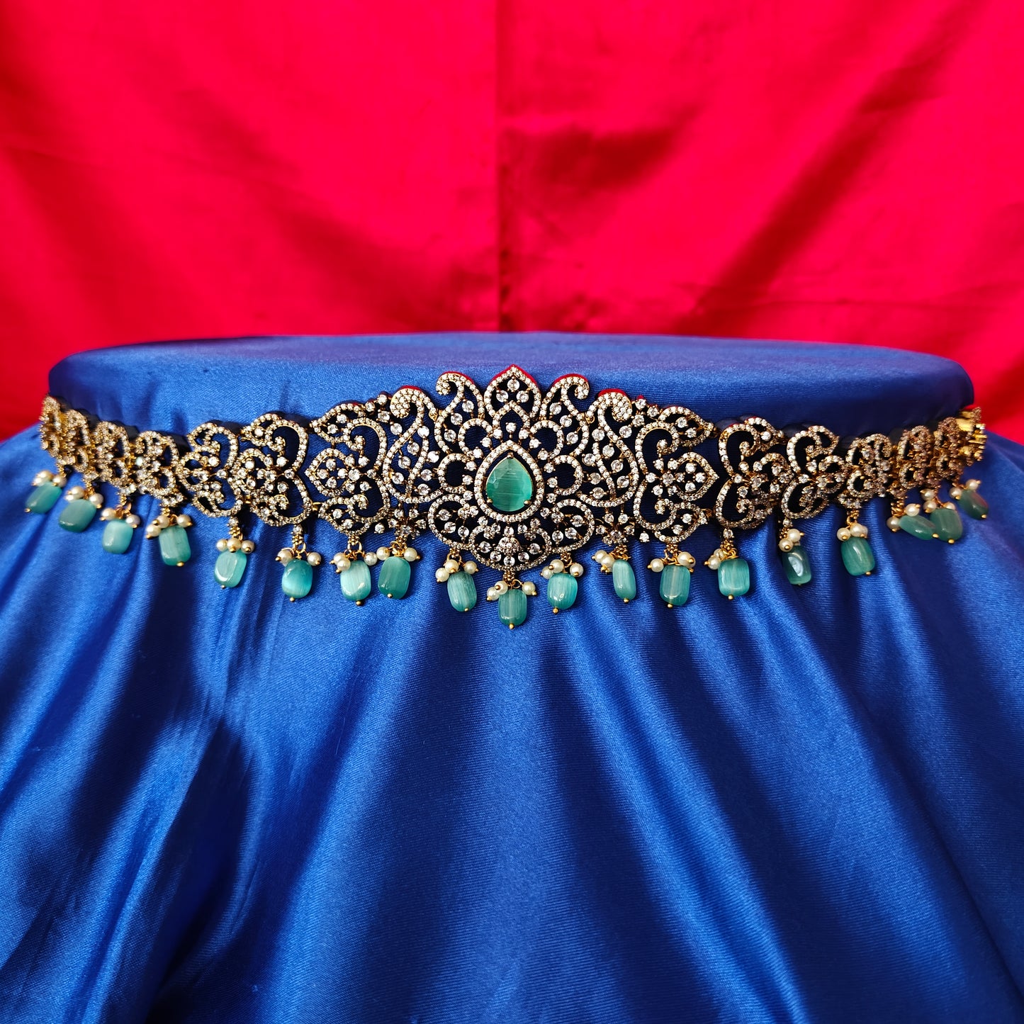 Beautiful Victorian Chain Type Vaddanam In Pista Green Beads