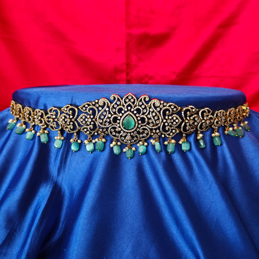 Beautiful Victorian Chain Type Vaddanam In Pista Green Beads