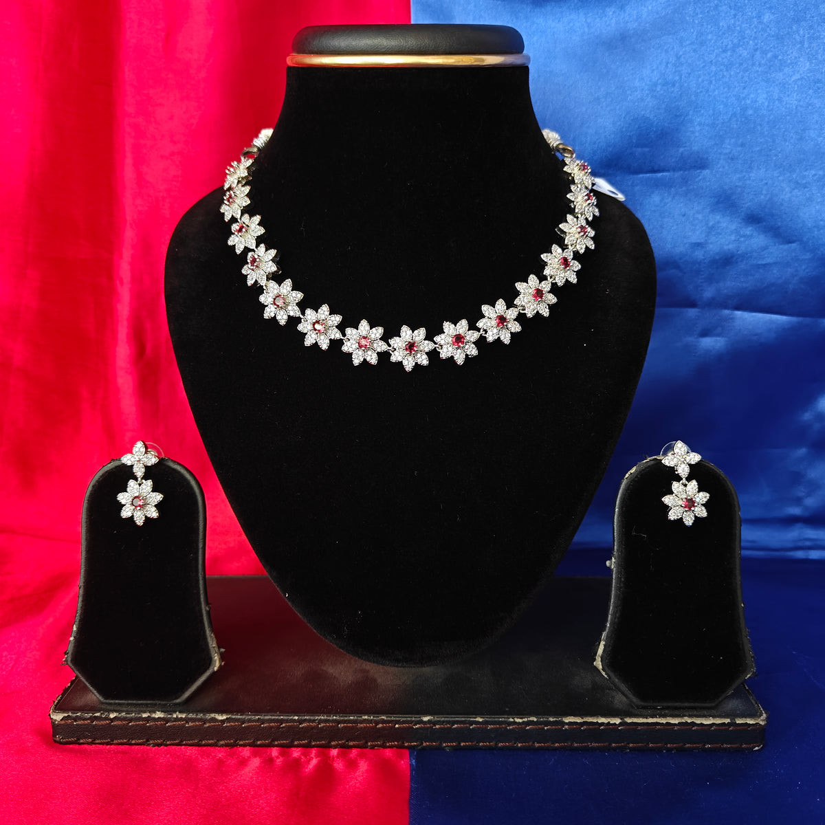 Elegant AD Short Necklace In Maroon Coloured Stone