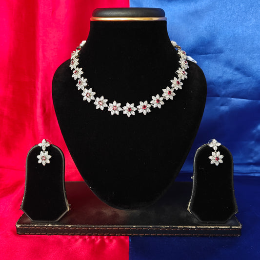 Elegant AD Short Necklace In Maroon Coloured Stone