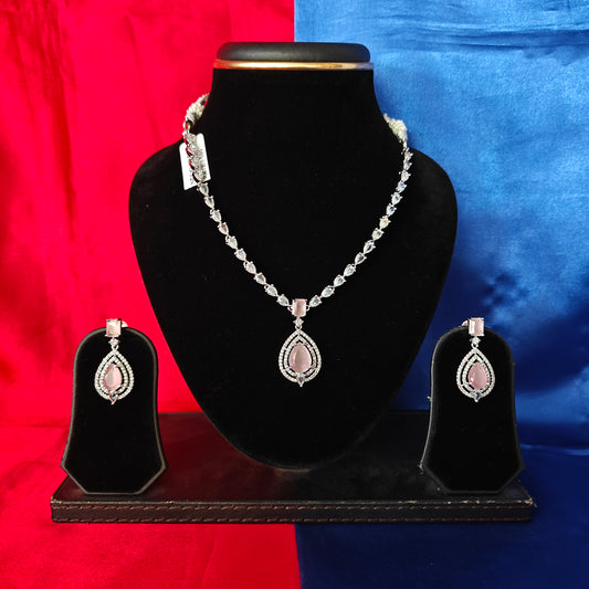 Elegant Silver Short Necklace In Baby Pink Stone