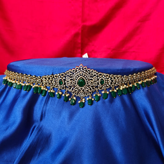 Beautiful Victorian Chain Type Vaddanam In Green Beads