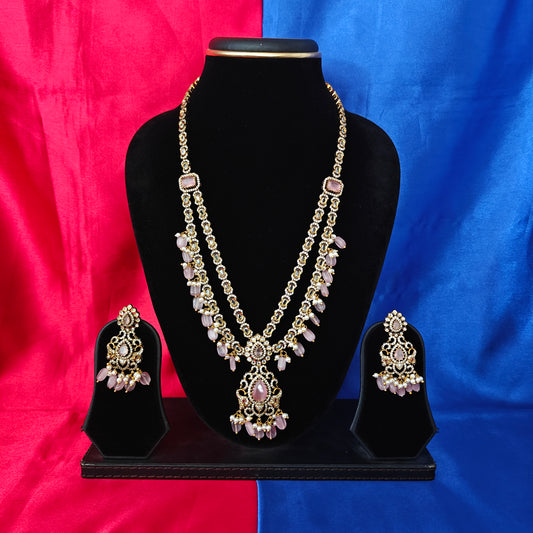 Elegant Victorian Layered Long Necklace In Baby Pink Beads