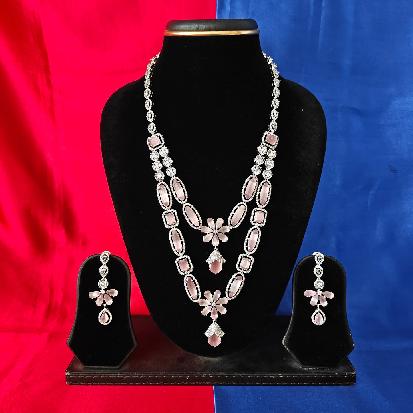 Beautiful Silver Layered Long Necklace In Baby Pink Stone