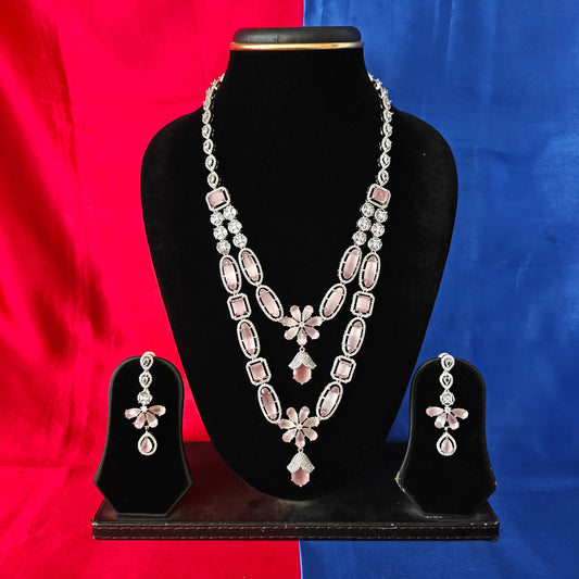 Beautiful Silver Layered Long Necklace In Baby Pink Stone