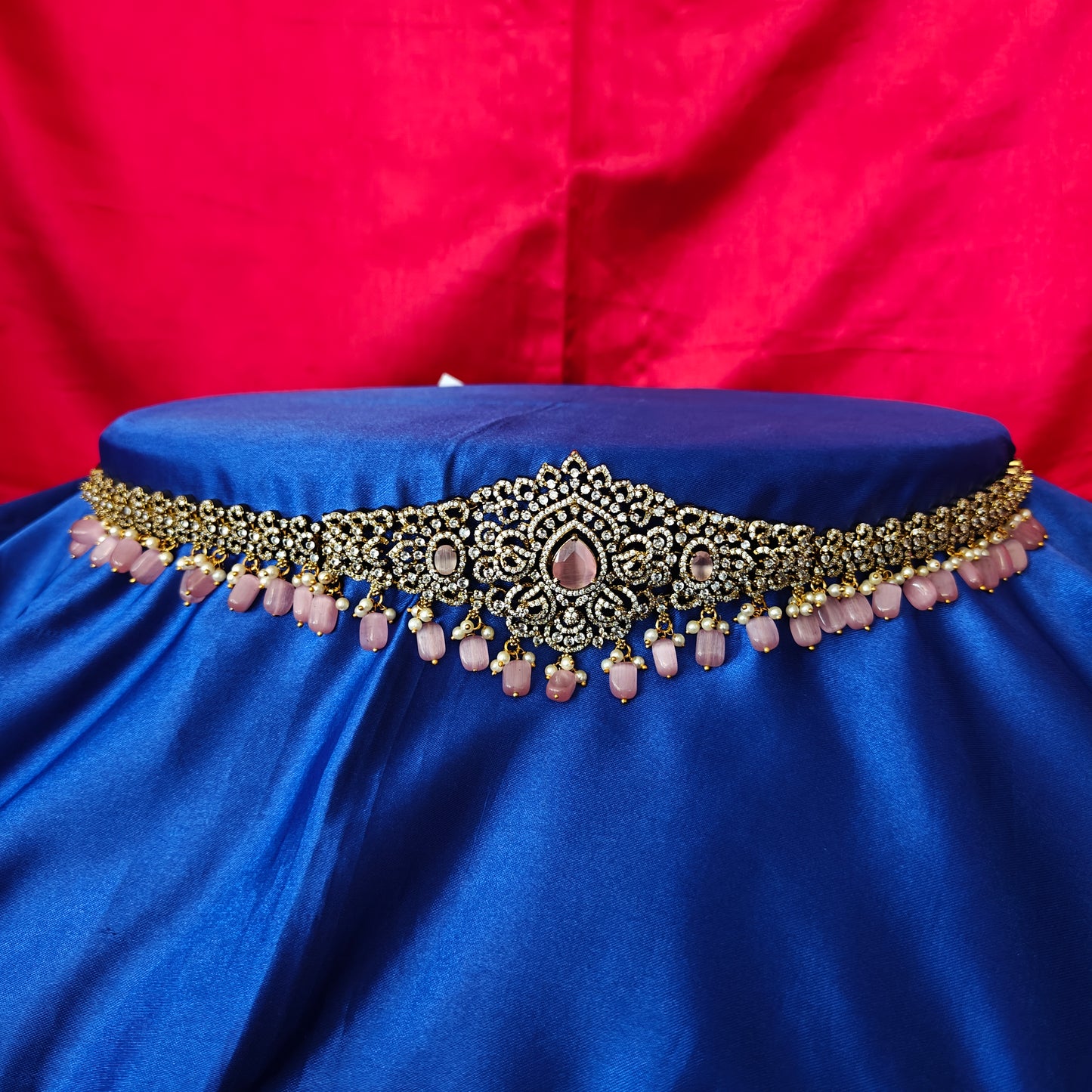 Beautiful Victorian Chain Type Vaddanam In Baby Pink Beads