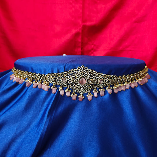 Beautiful Victorian Chain Type Vaddanam In Baby Pink Beads