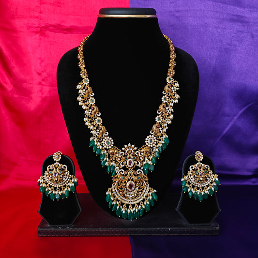 Beautiful Nakshi Long Necklace With Green Beads