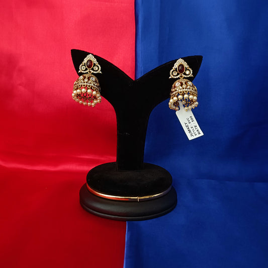 Beautiful Victorian Jhumki In Red Stone