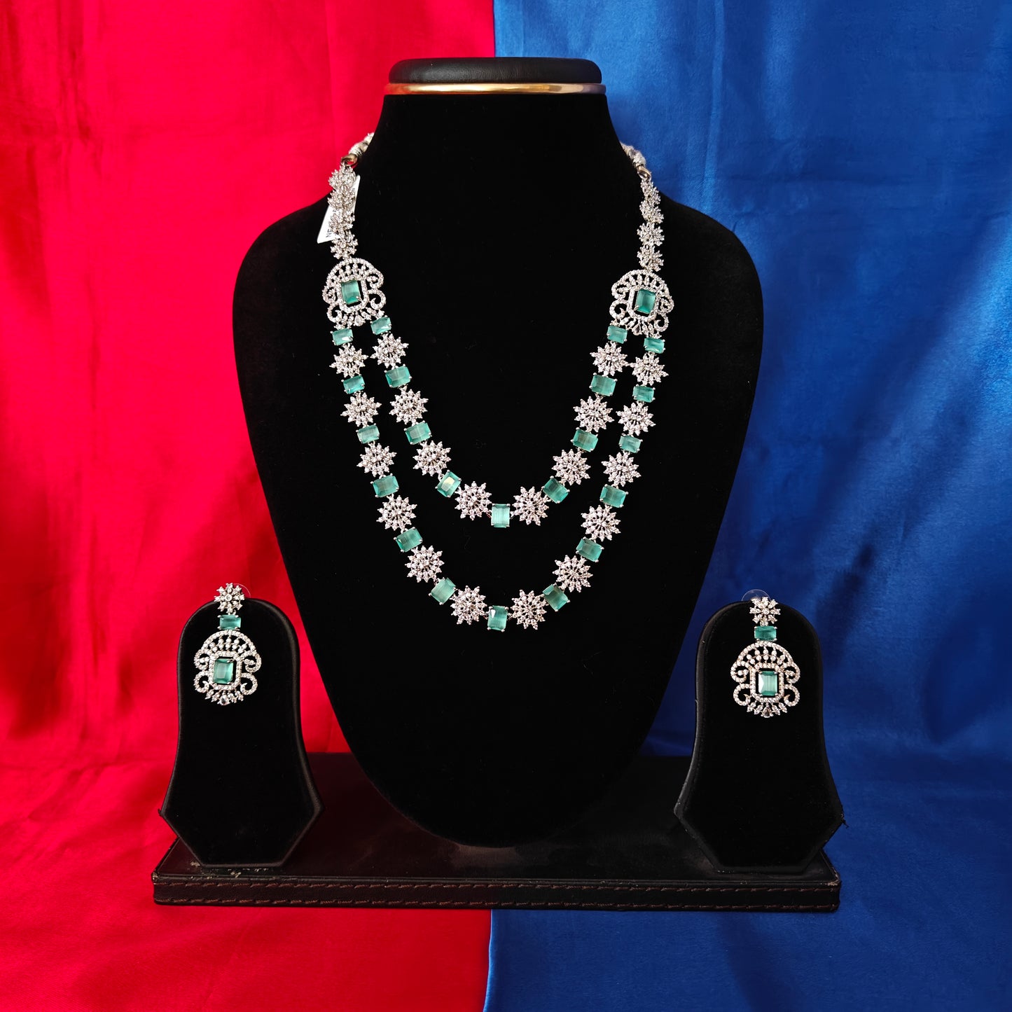 Elegant Silver Layered Necklace In Pista Green Stone - Ambica Wedding Mall