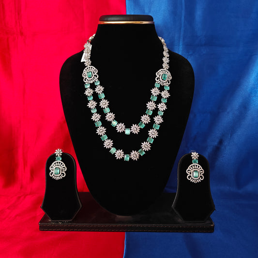 Elegant Silver Layered Necklace In Pista Green Stone - Ambica Wedding Mall