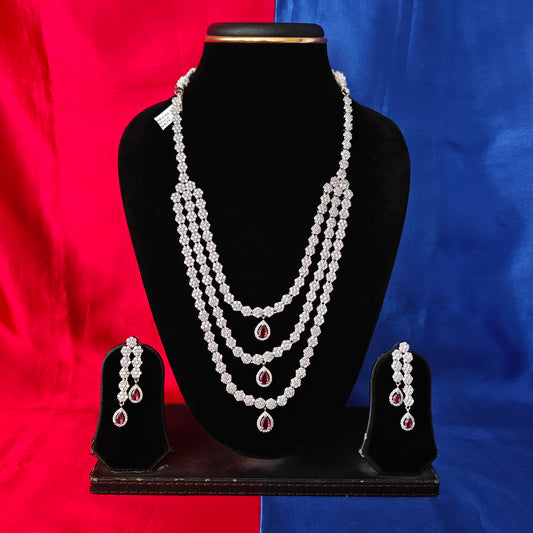 Beautiful Silver Layered Long Necklace In Red Stone