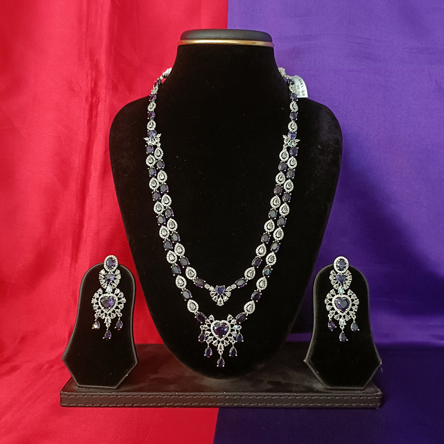 Elegant Silver Layered Long Necklace In Purple Stone