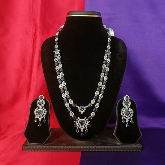 Elegant Silver Layered Long Necklace In Purple Stone