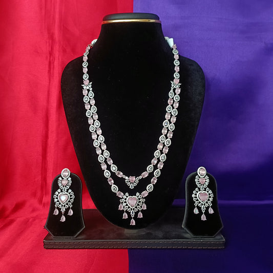 Elegant Silver Layered Long Necklace In Baby Pink Stone