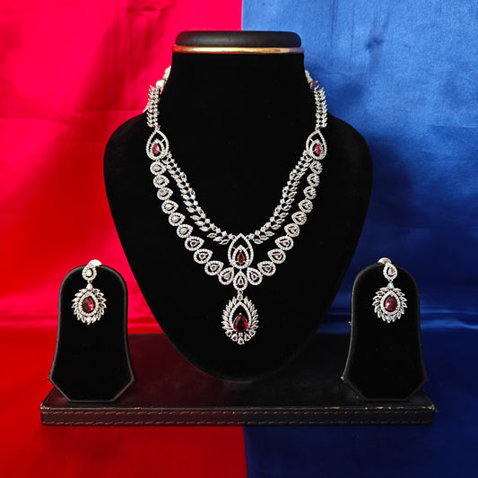 Elegant Silver Short Necklace In Red Stone