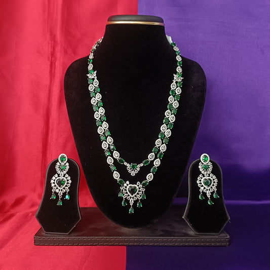 Elegant Silver Layered Long Necklace In Green Stone