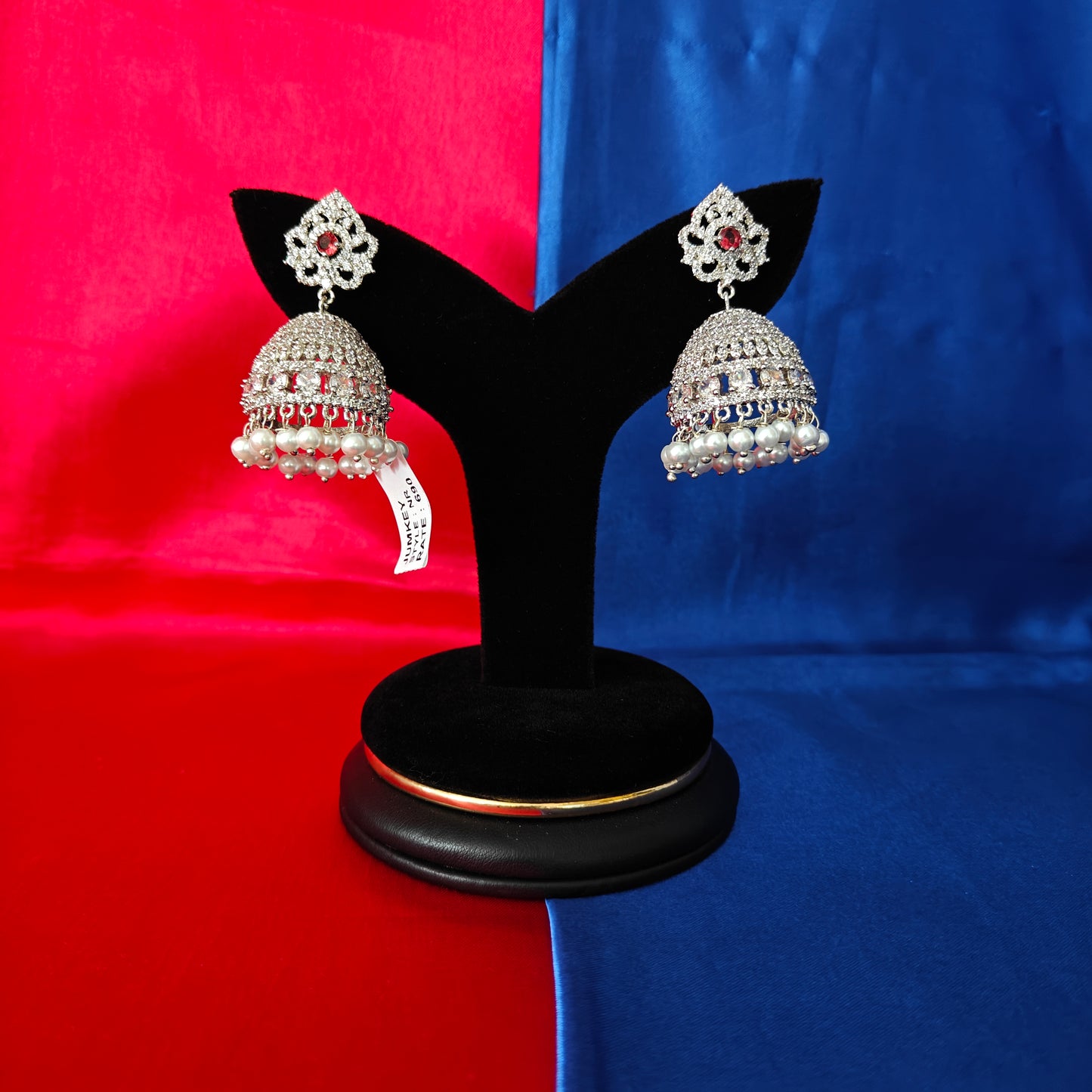 Beautiful Silver Jhumki In Red Stone