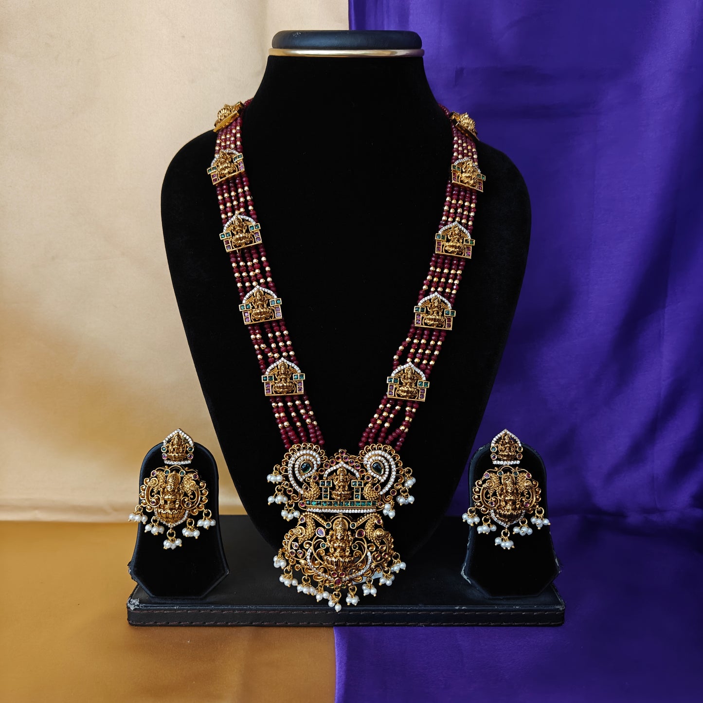 Beautiful Maroon Coloured Honex Necklace With Laxmi Idol - Ambica Wedding Mall
