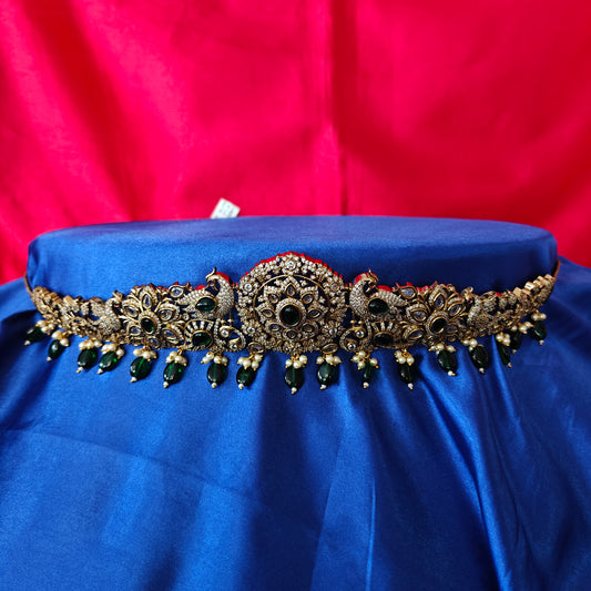 Beautiful Victorian Chain Type Vaddanam In Green Beads