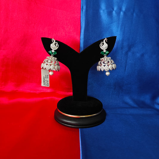Beautiful Silver Jhumki In Green Stone With Peacock design