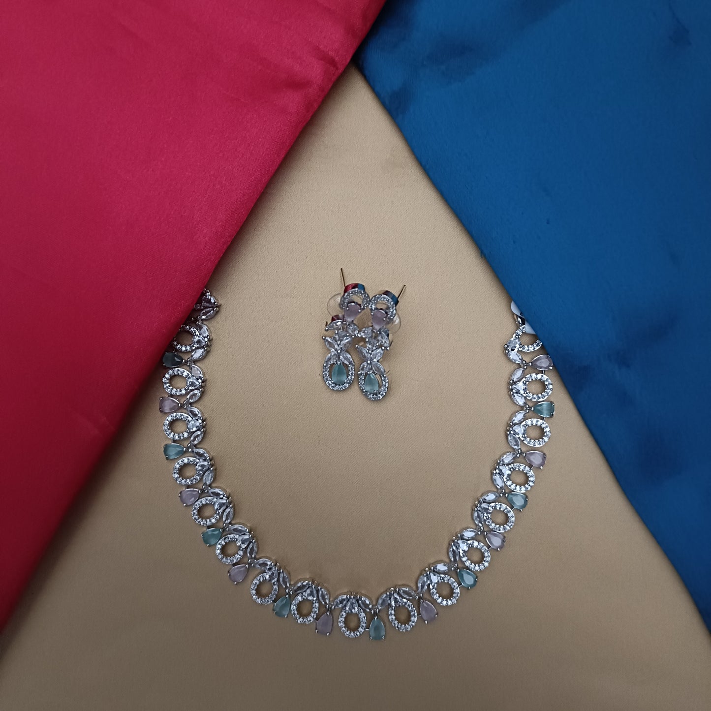 Elegant Silver Short Necklace In Multi Colour Stone