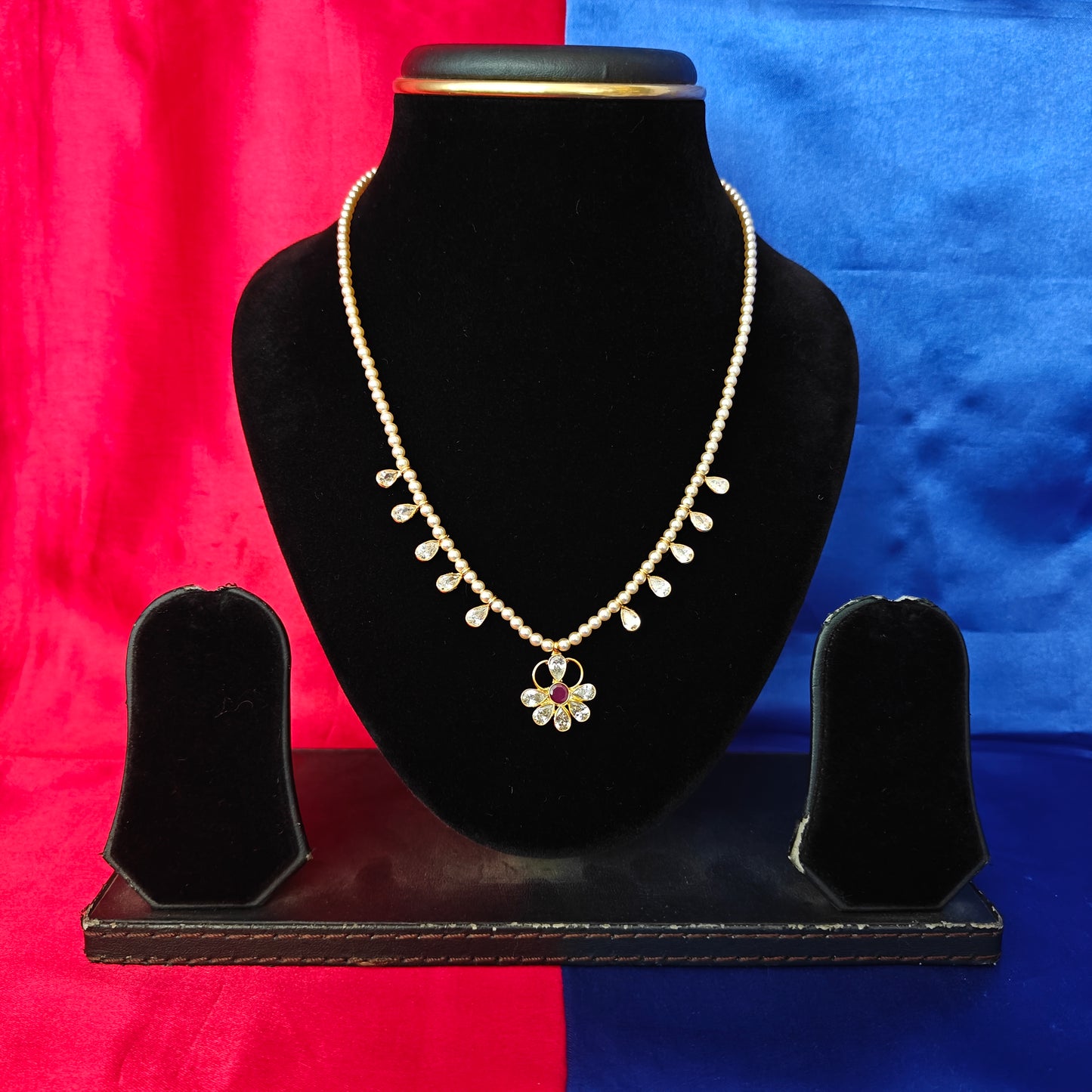 Beautiful Single Line Pearls Mala In Ruby Stone
