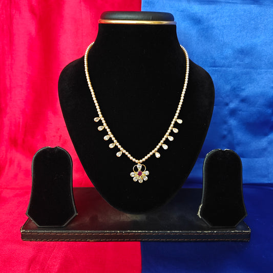 Beautiful Single Line Pearls Mala In Ruby Stone