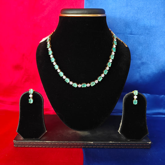 Beautiful CZ Short Necklace In Pista Green Stone