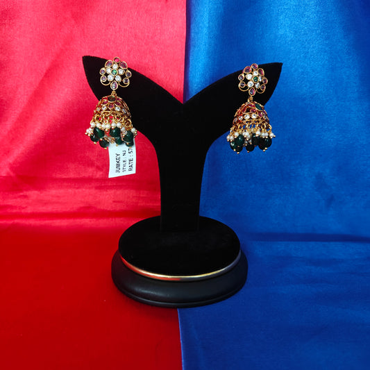 Beautiful Jadau Kundan Jhumki In Green Beads