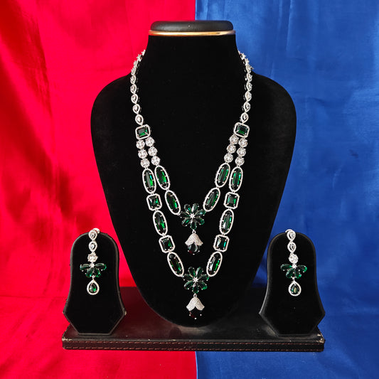 Beautiful Silver Layered Long Necklace In Green Stone