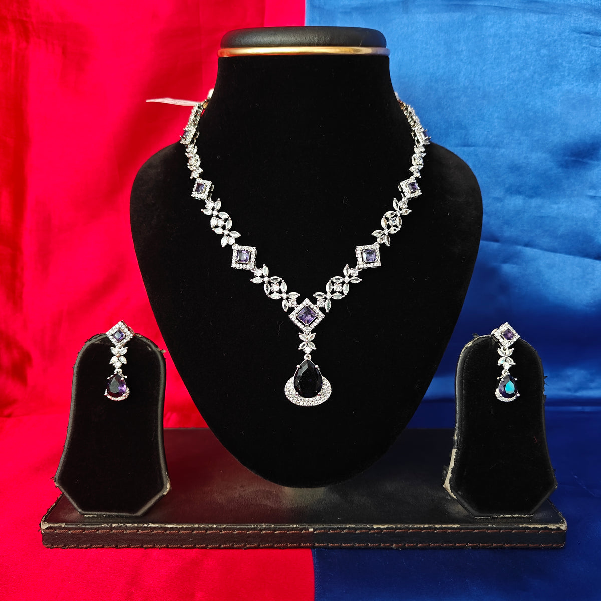Elegant AD Short Necklace In Purple Coloured Stone