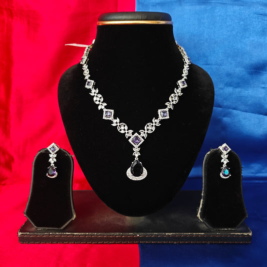 Elegant AD Short Necklace In Purple Coloured Stone