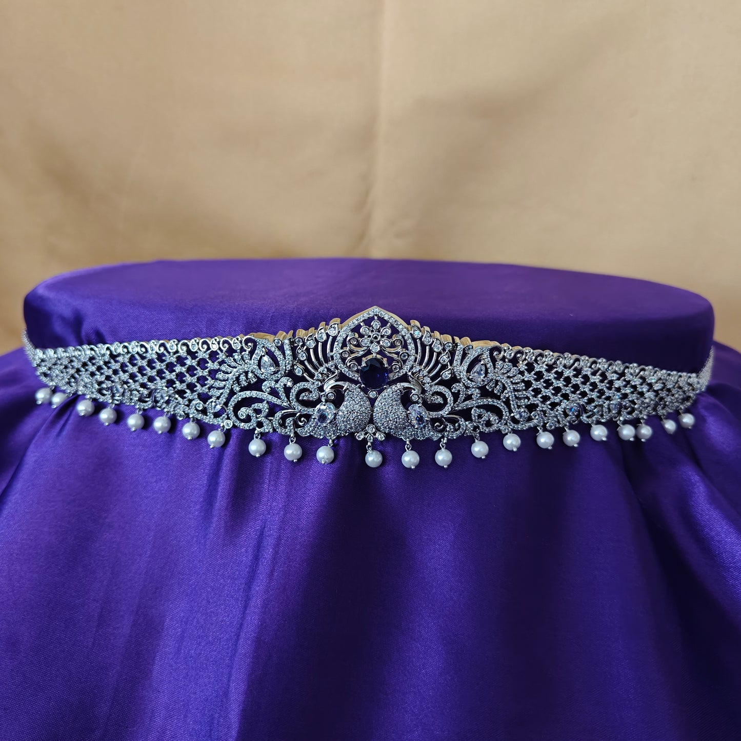 Beautiful Silver Chain Type Vaddanam In Purple Stone