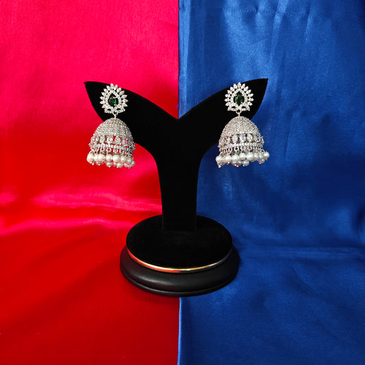 Beautiful Silver Jhumki In Green Stone