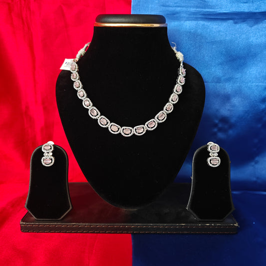 Elegant Silver Short Necklace In Baby Pink Stone