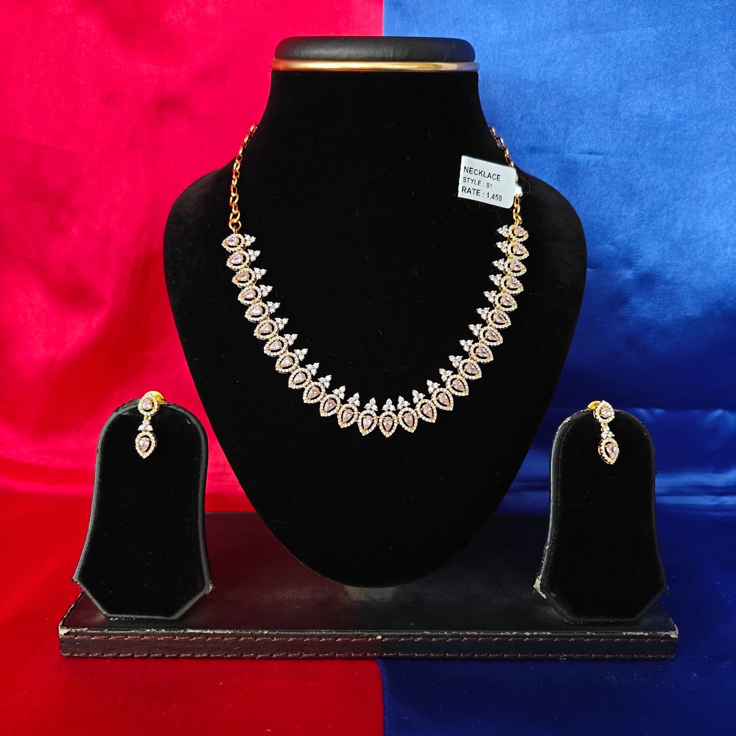 Beautiful CZ Short Necklace In Peach Colour Stone