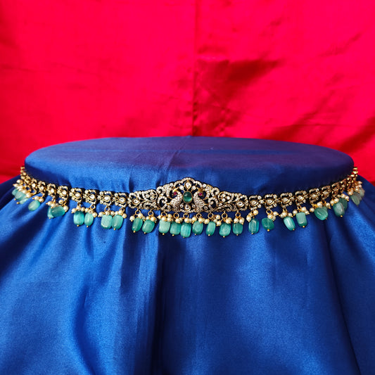 Beautiful Victorian Chain Type Vaddanam In Pista Green Beads