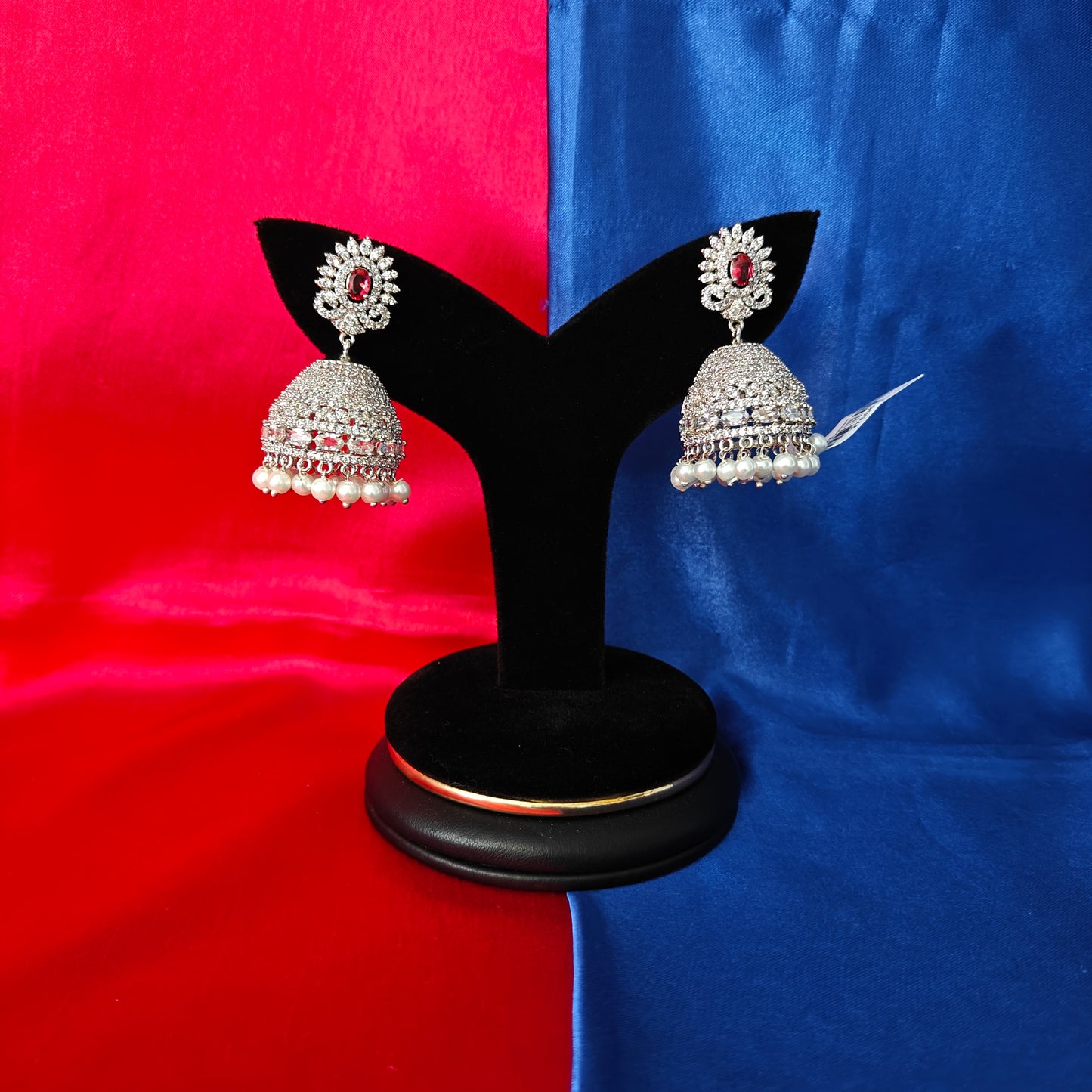 Beautiful Silver Jhumki In Red Stone