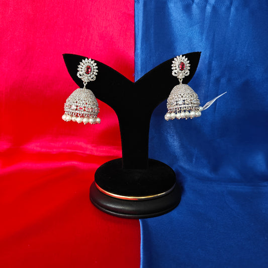 Beautiful Silver Jhumki In Red Stone