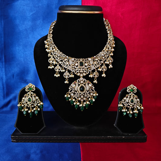 Beautiful Victorian Short Necklace In Green Stone - Ambica Wedding Mall