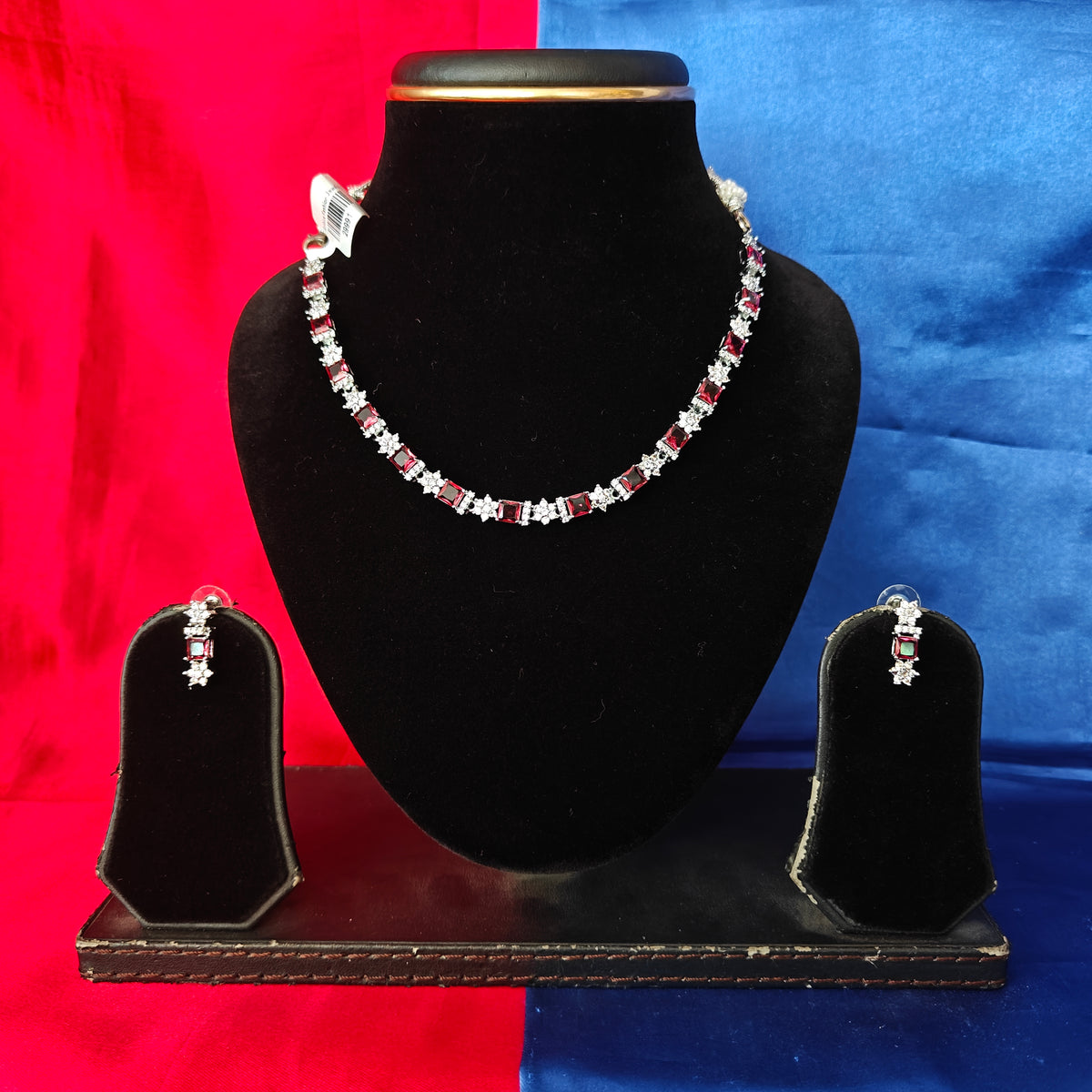 Elegant AD Short Necklace In Maroon Coloured Stone
