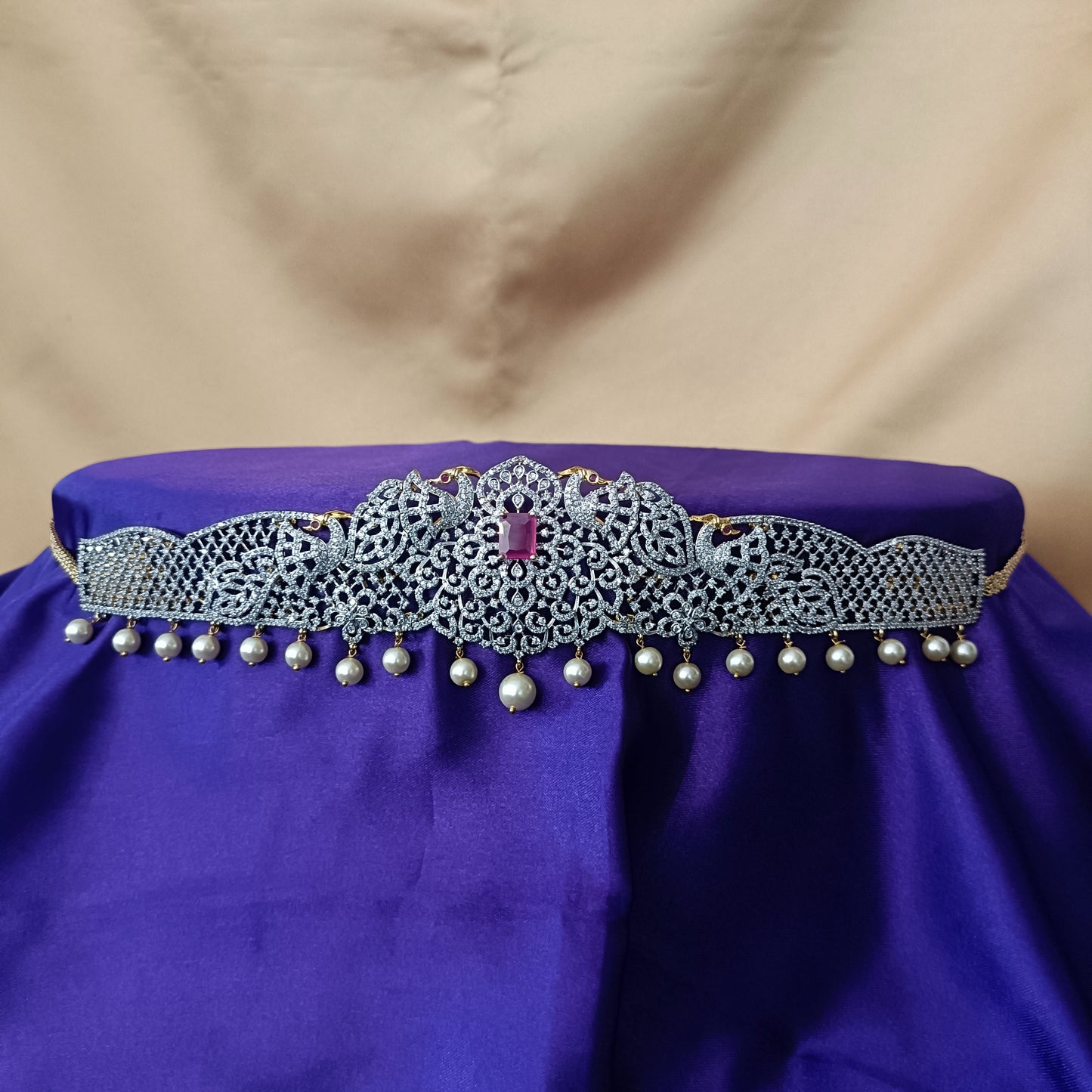 Elegant GJ Chain Type Vaddanam In Ruby Stone