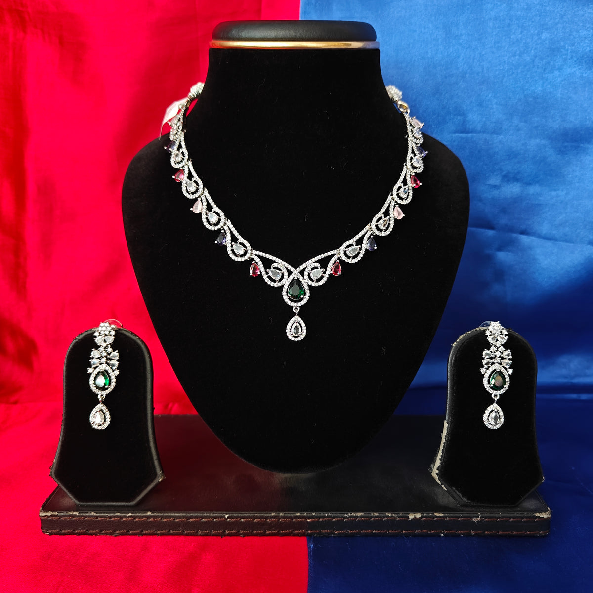 Elegant AD Short Necklace In Multi Coloured Stone