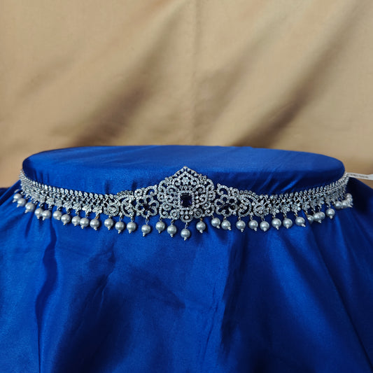 Beautiful Silver Chain Type Vaddanam In Purple Stone