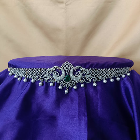 Elegant GJ Chain Type Vaddanam In Green Stone