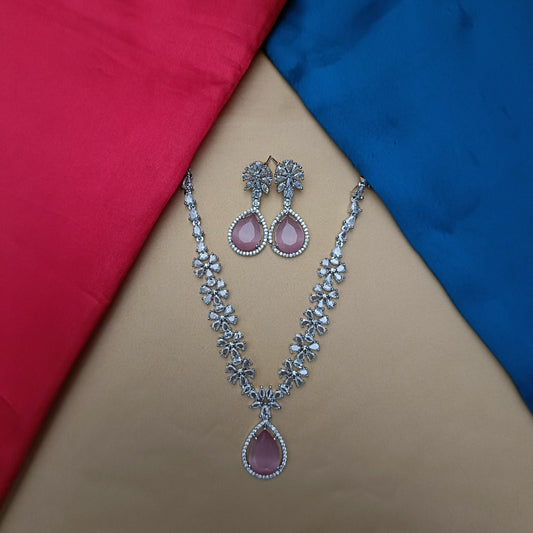 Elegant Silver Short Necklace In Baby Pink Stone