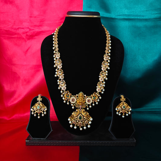 Elegant Nakshi Long Necklace With Laxmi Idol