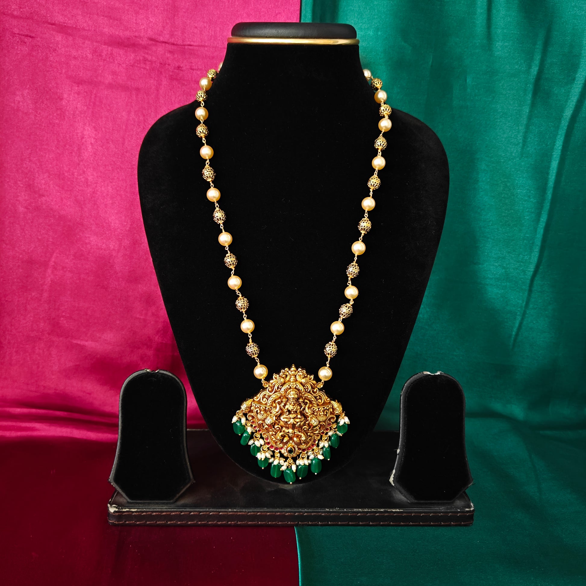 Beautiful Pearls Mala With Laxmi Idol In Green Beads - Ambica Wedding Mall